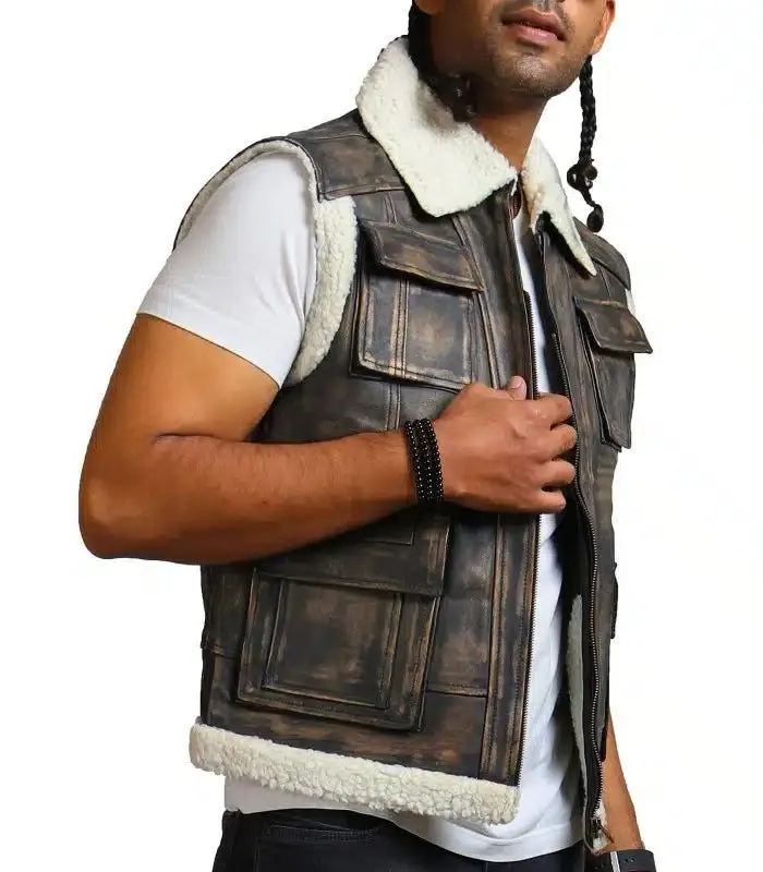 Designer Men Faux Fur Distressed Black Leather Jacket