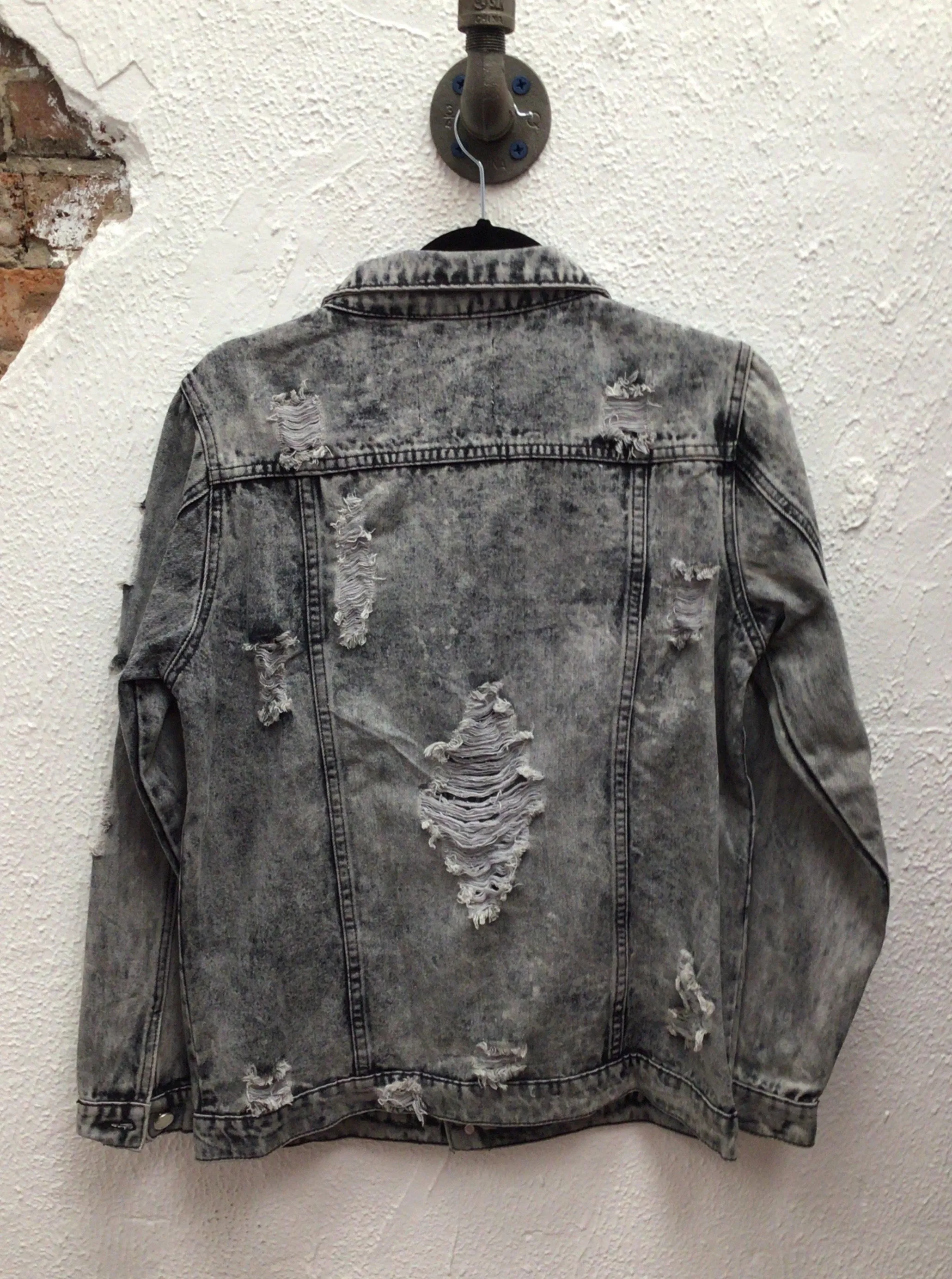 Distressed Denim Jacket Front Side Pockets/Buttoned Cuffs